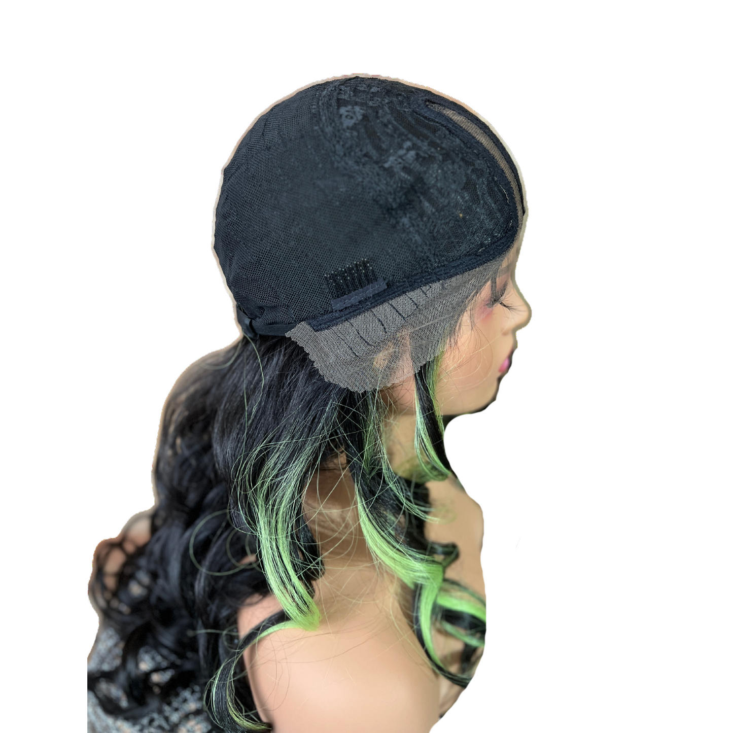 Amelia Lacefront Wig - 29" 1B with Lime Green Highlights | Heat Safe Synthetic Wig