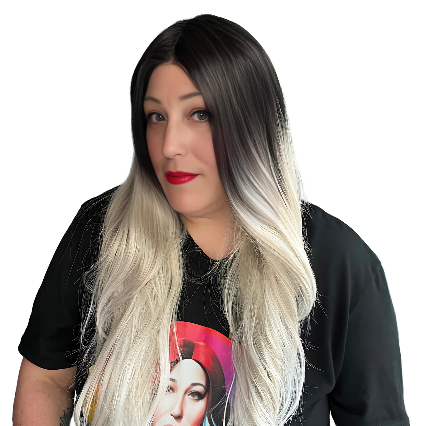 Angel - Free parting space lace frontal - Dark root platinum blonde with highlights