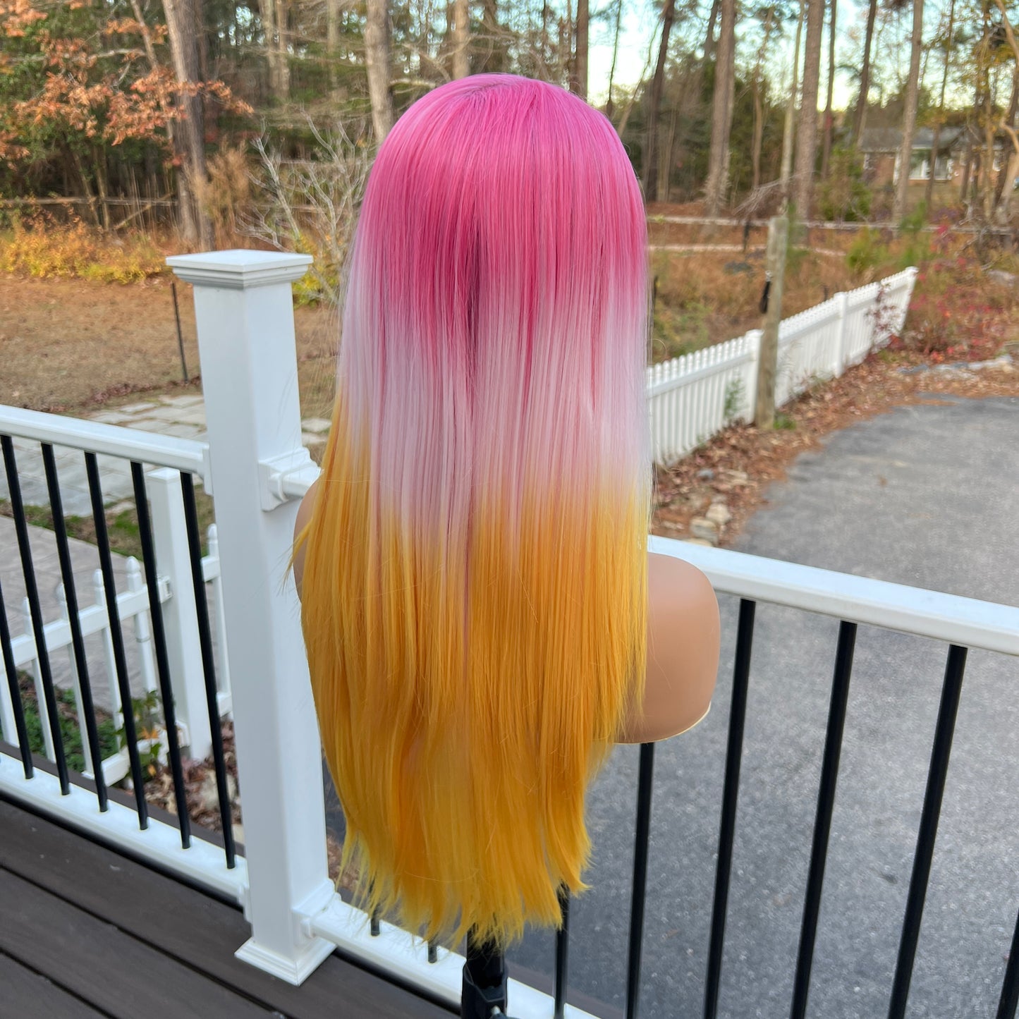 Pink and Yellow Ombre Lace Front Wig – Long Straight Synthetic Hair