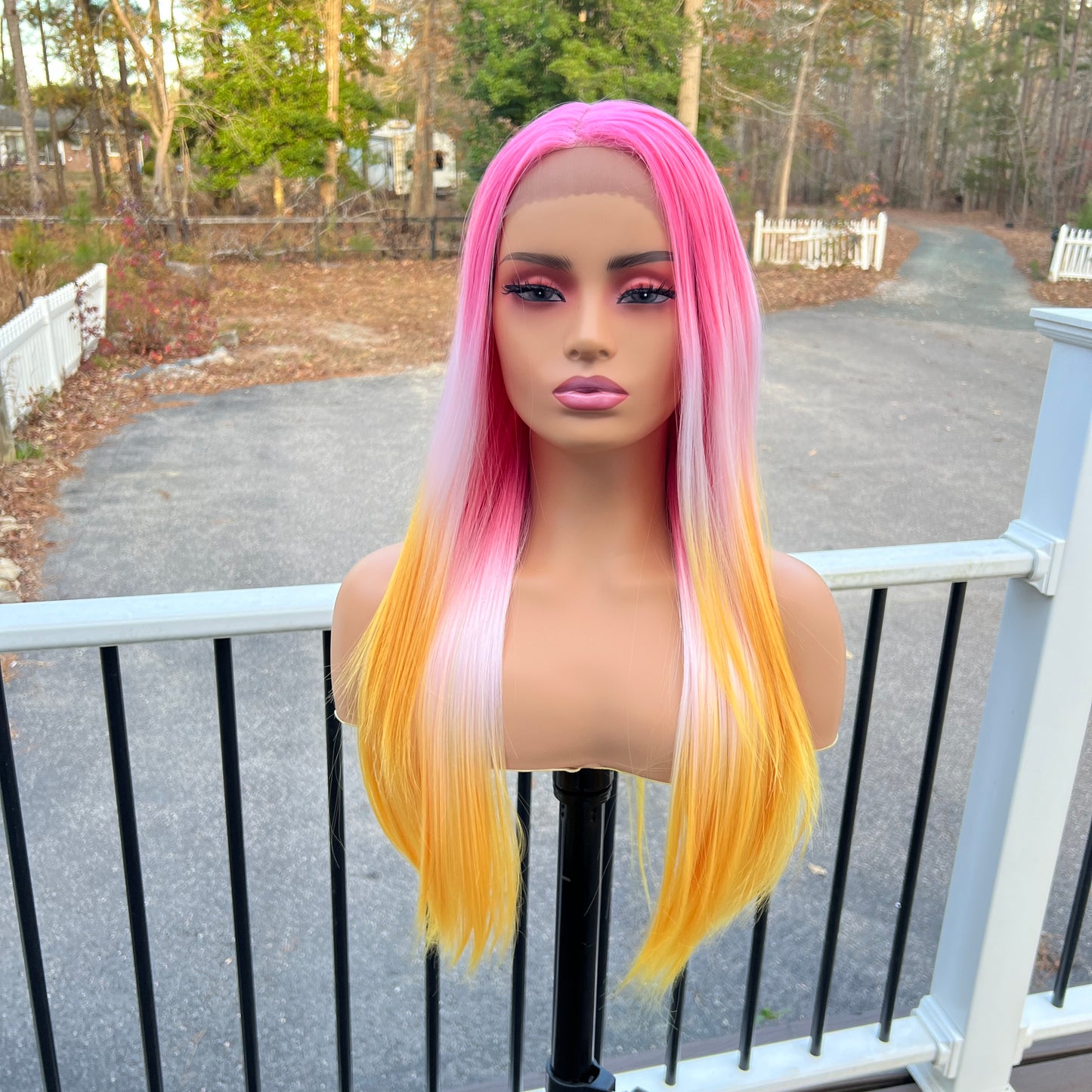 Pink and Yellow Ombre Lace Front Wig – Long Straight Synthetic Hair
