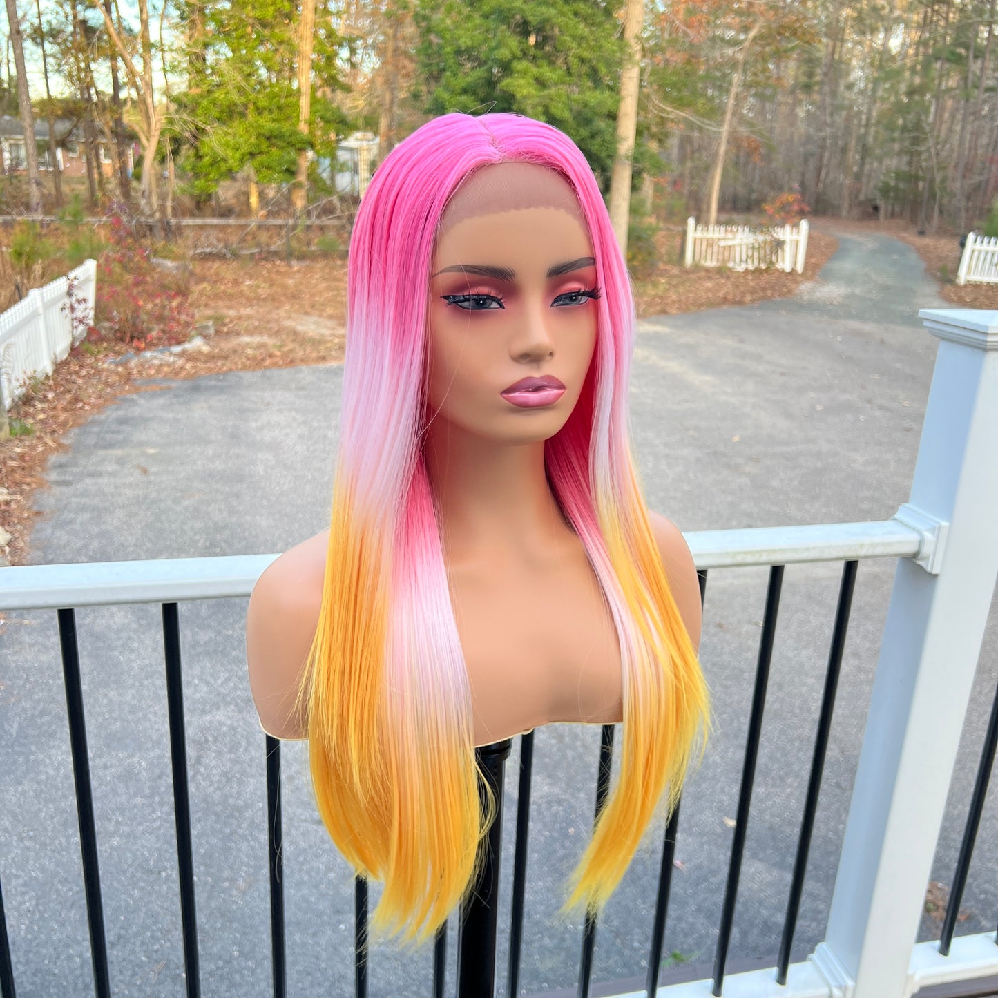 Pink and Yellow Ombre Lace Front Wig – Long Straight Synthetic Hair