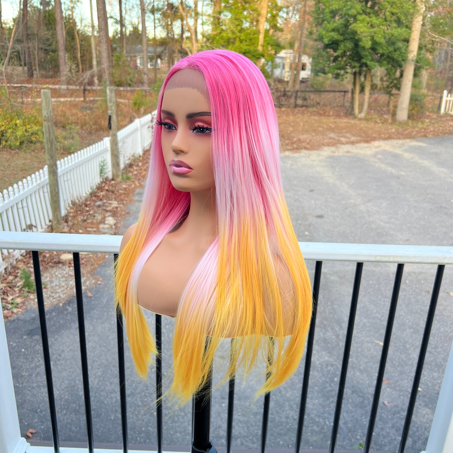 Pink and Yellow Ombre Lace Front Wig – Long Straight Synthetic Hair