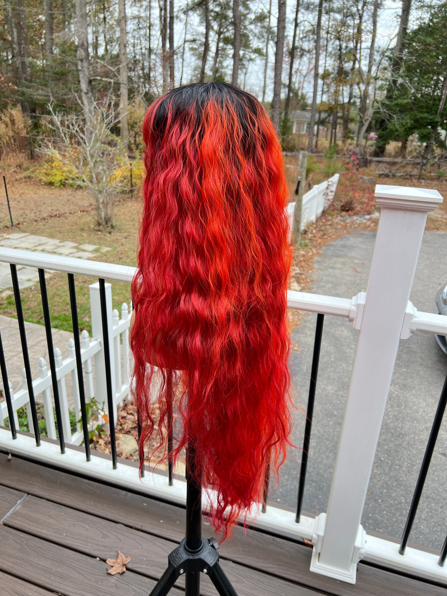 Phoenix - Half orange/half red xtra long wavy bang wig