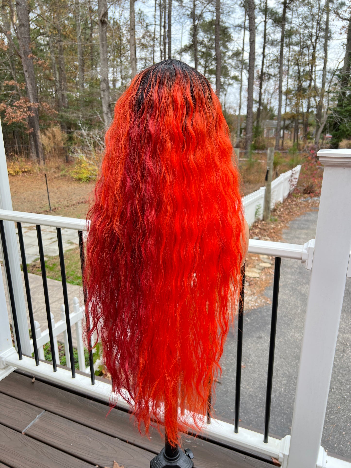 Phoenix - Half orange/half red xtra long wavy bang wig