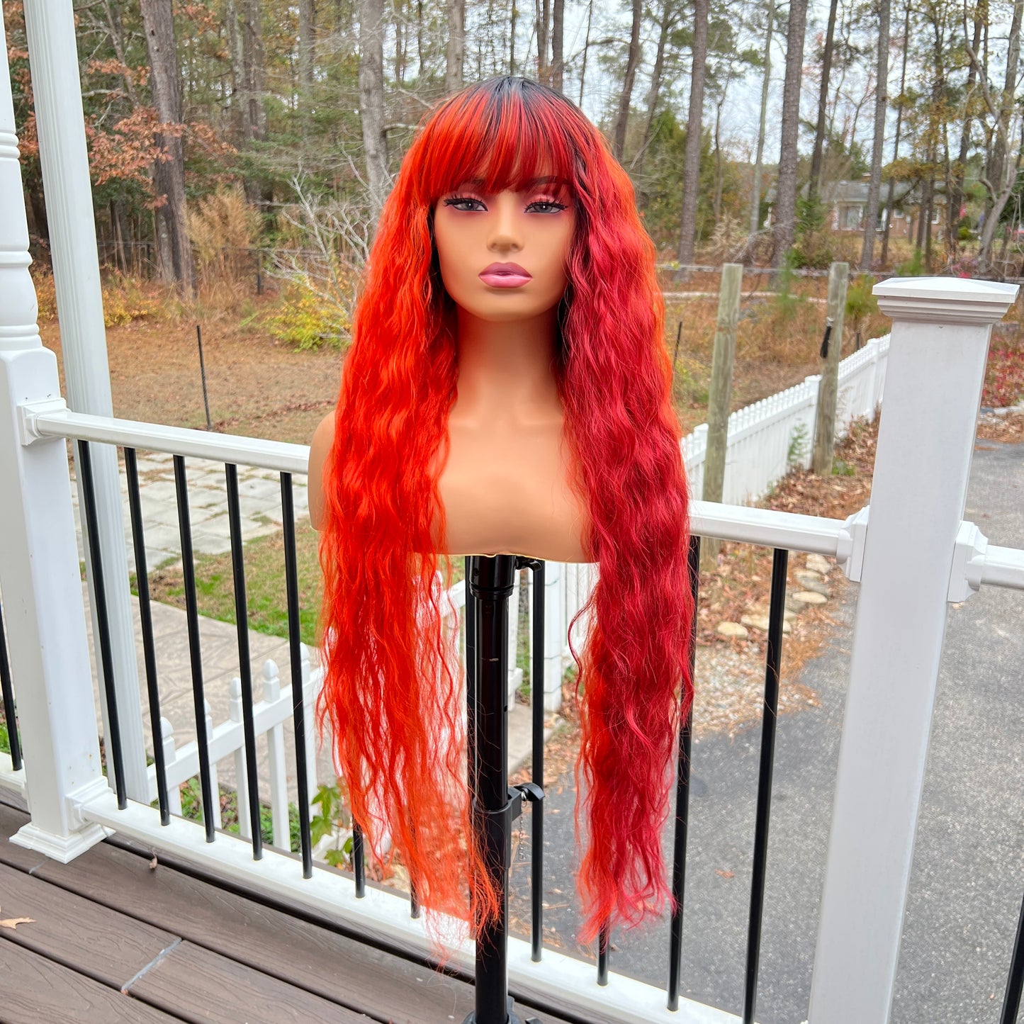 Phoenix - Half orange/half red xtra long wavy bang wig
