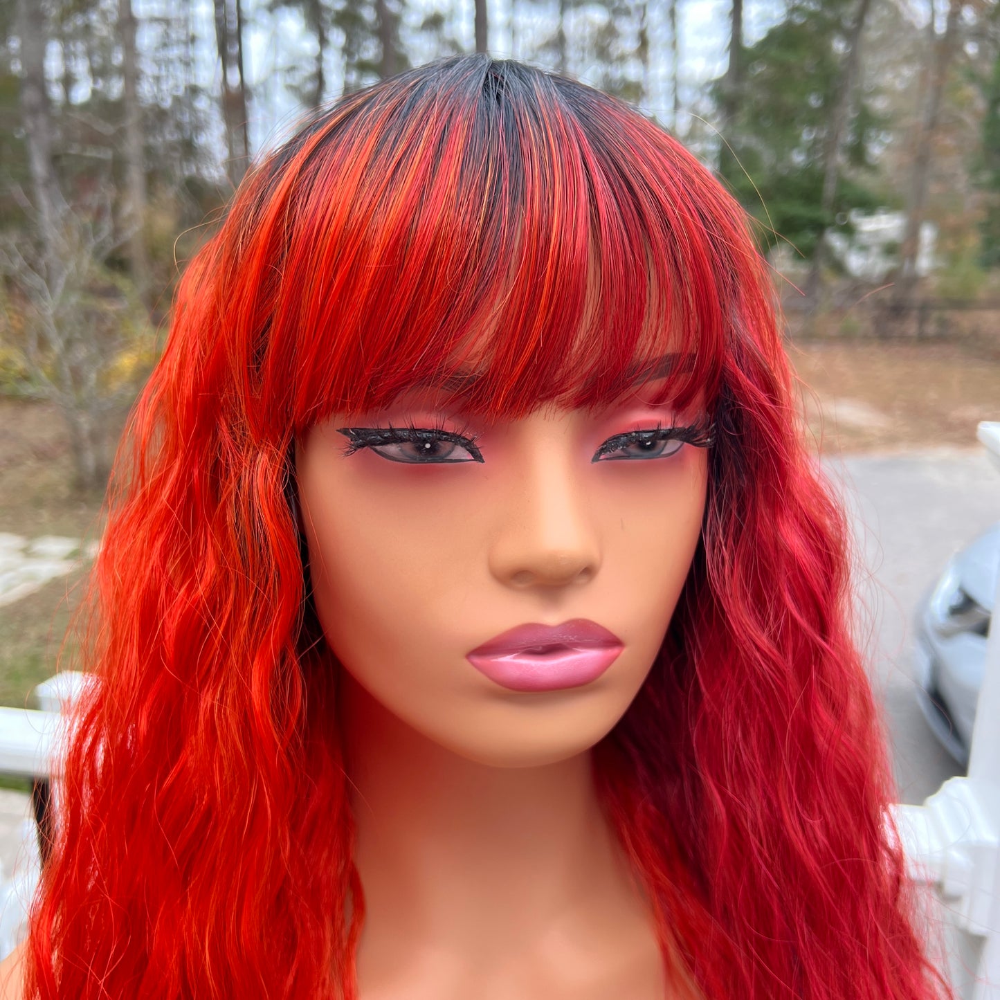 Phoenix - Half orange/half red xtra long wavy bang wig