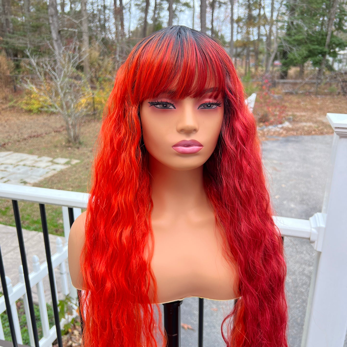 Phoenix - Half orange/half red xtra long wavy bang wig