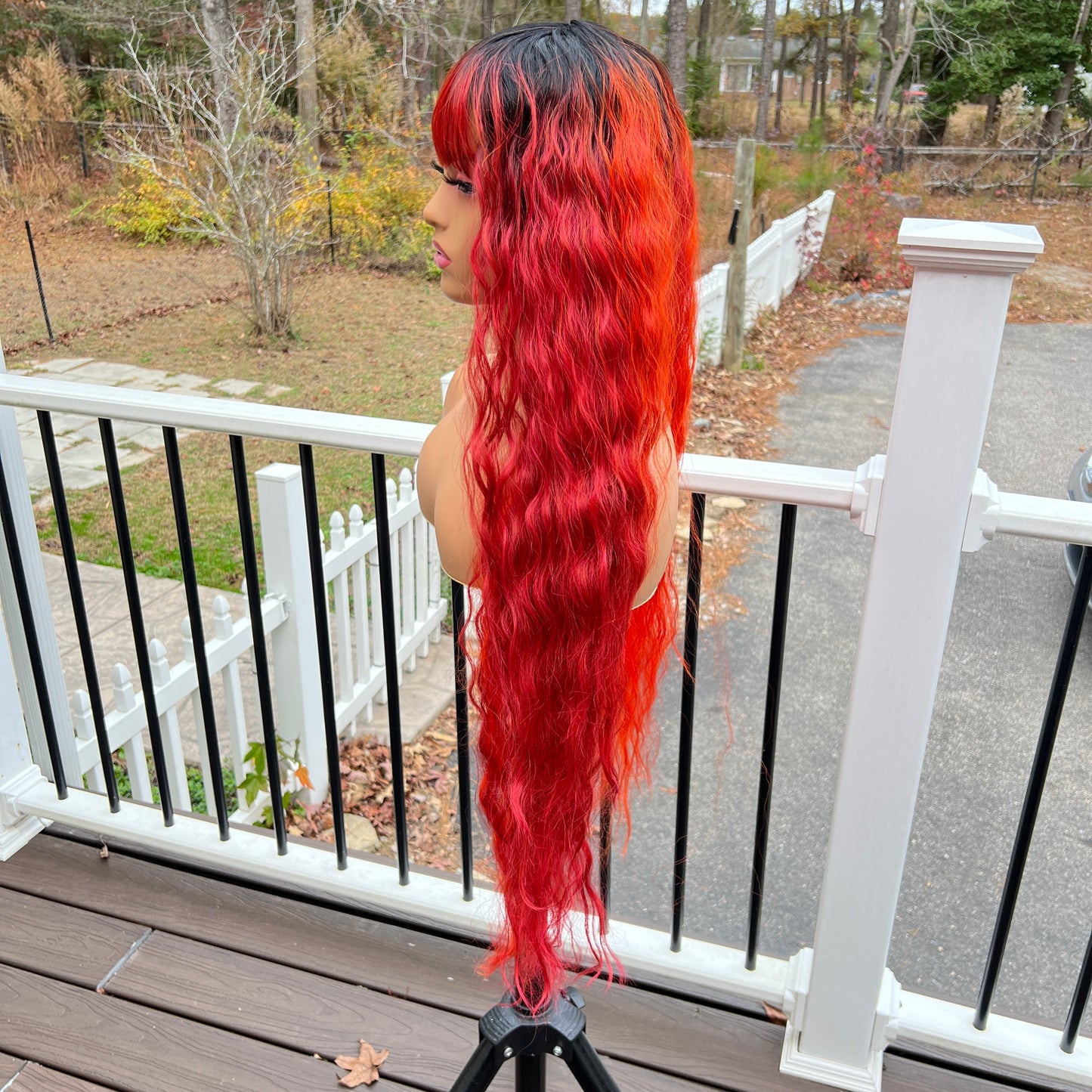 Phoenix - Half orange/half red xtra long wavy bang wig