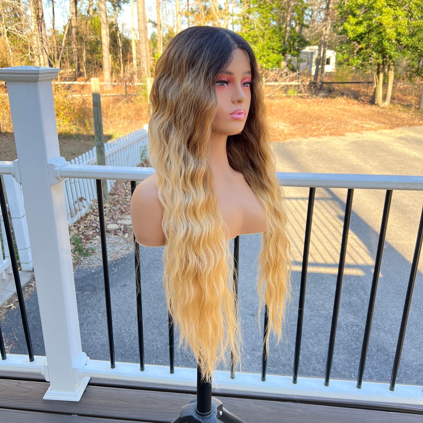 Laura 30” Extra-Long Brown & Blonde Lace Front Wig – Crimp Wave with 5” Deep Part