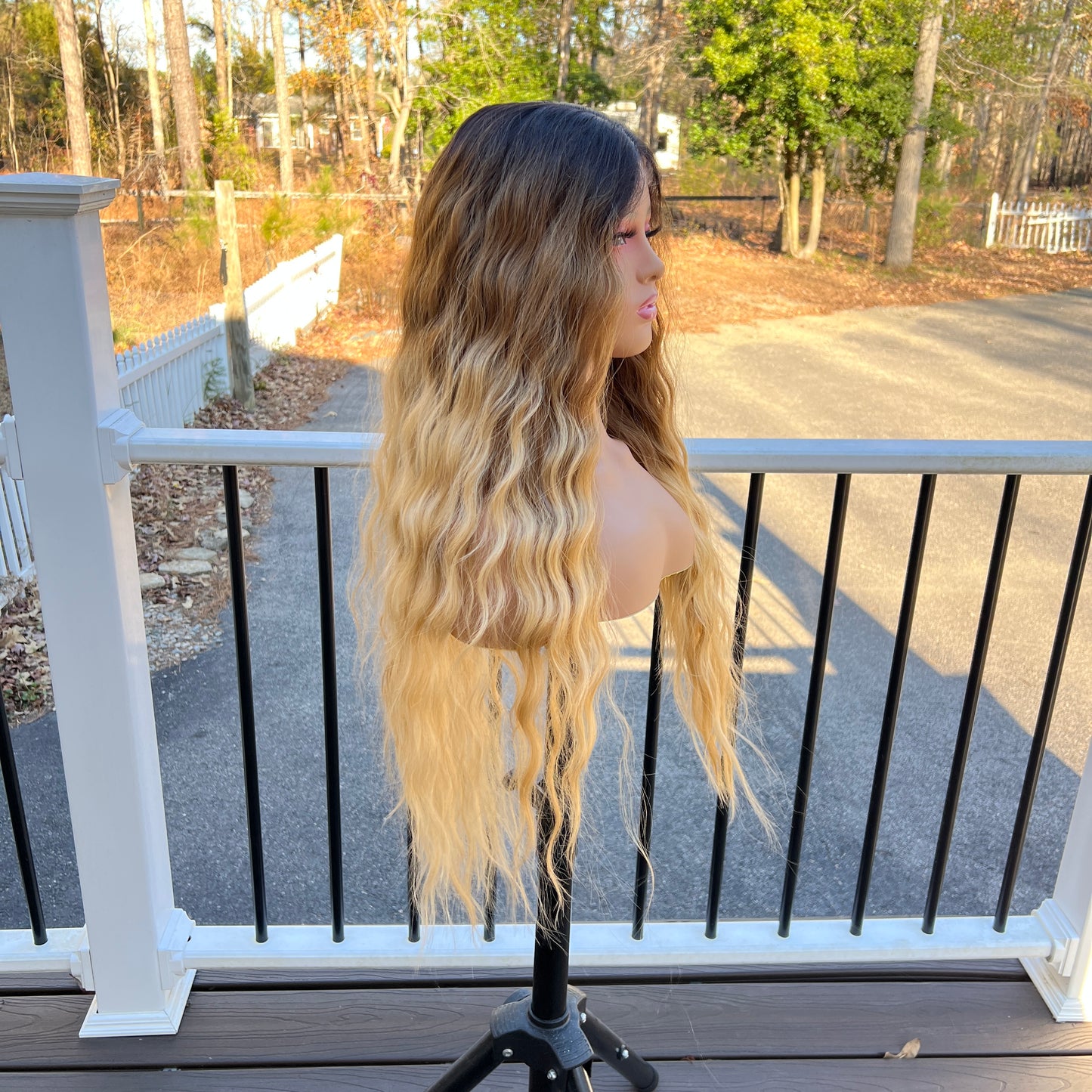 Laura 30” Extra-Long Brown & Blonde Lace Front Wig – Crimp Wave with 5” Deep Part