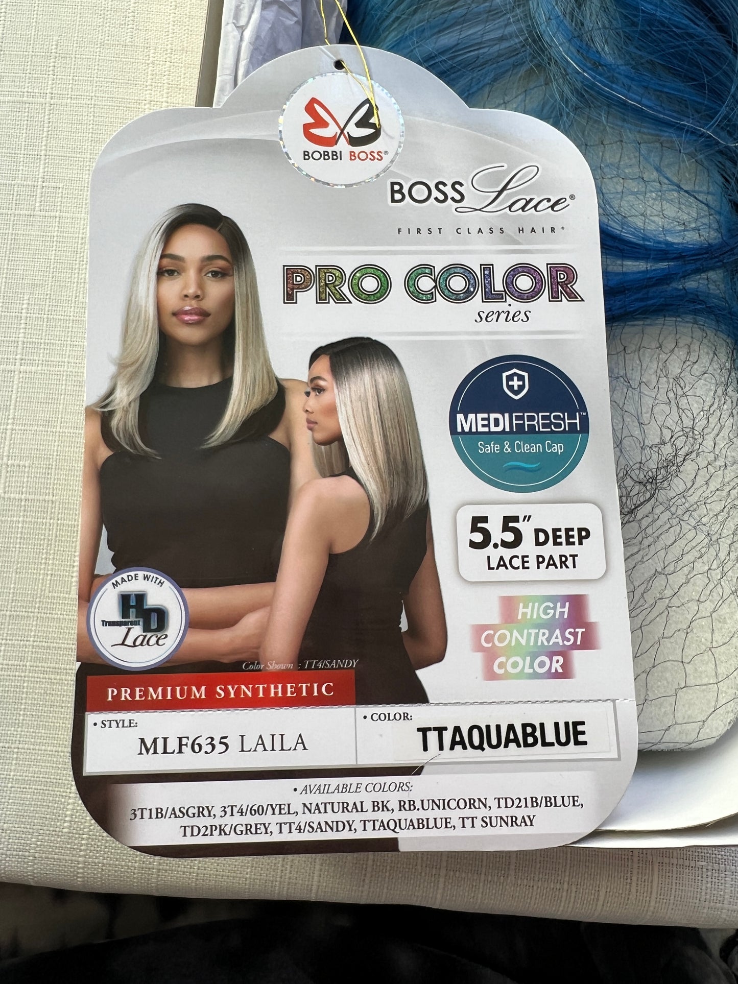 Bobbi Boss Synthetic HD Deep Part Lace Blue Wig - MLF635 LAILA - AQUA BLUE