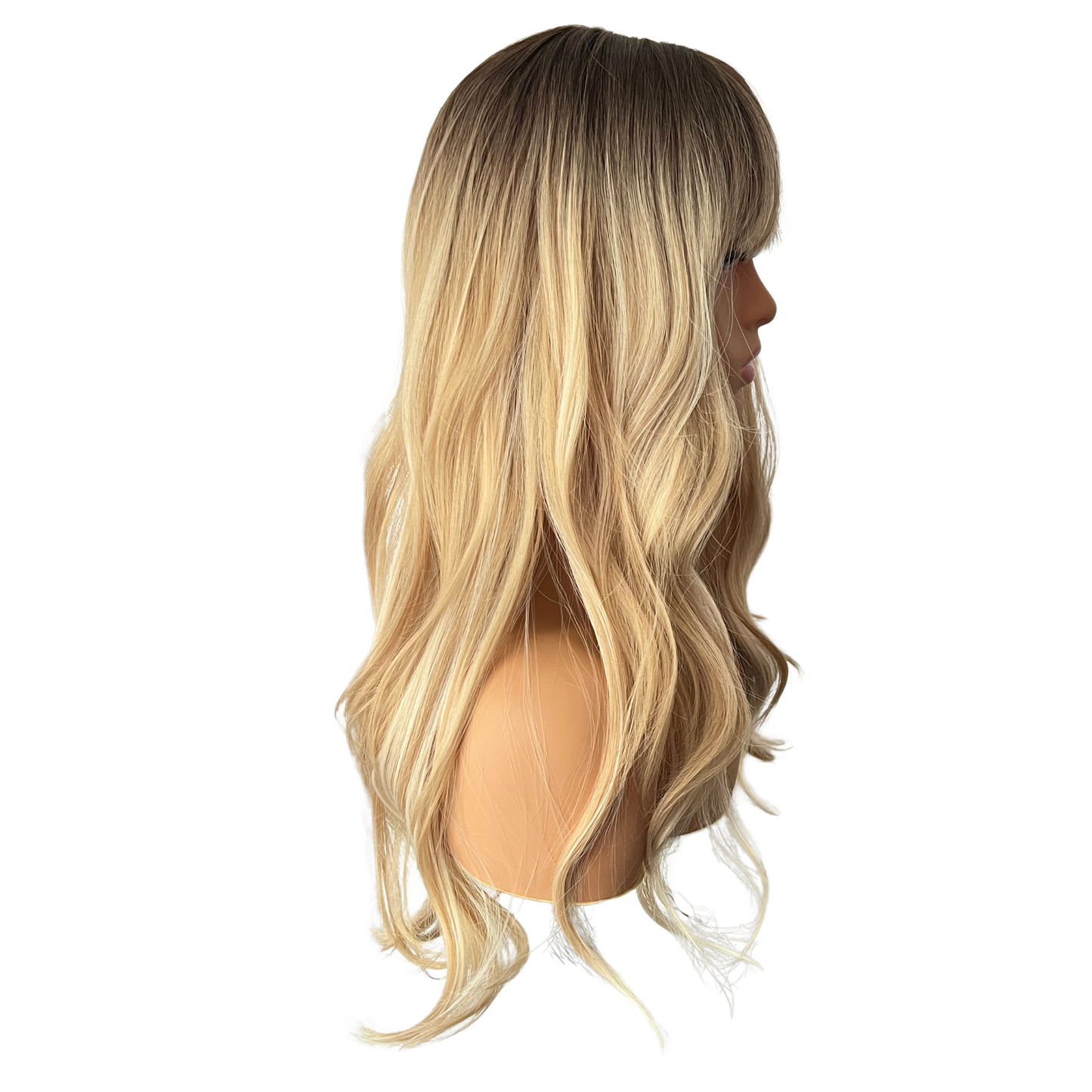 Amber Wig with Bangs - 22" Ash Brown to Golden Blonde Ombre | Heat Safe Synthetic Wig