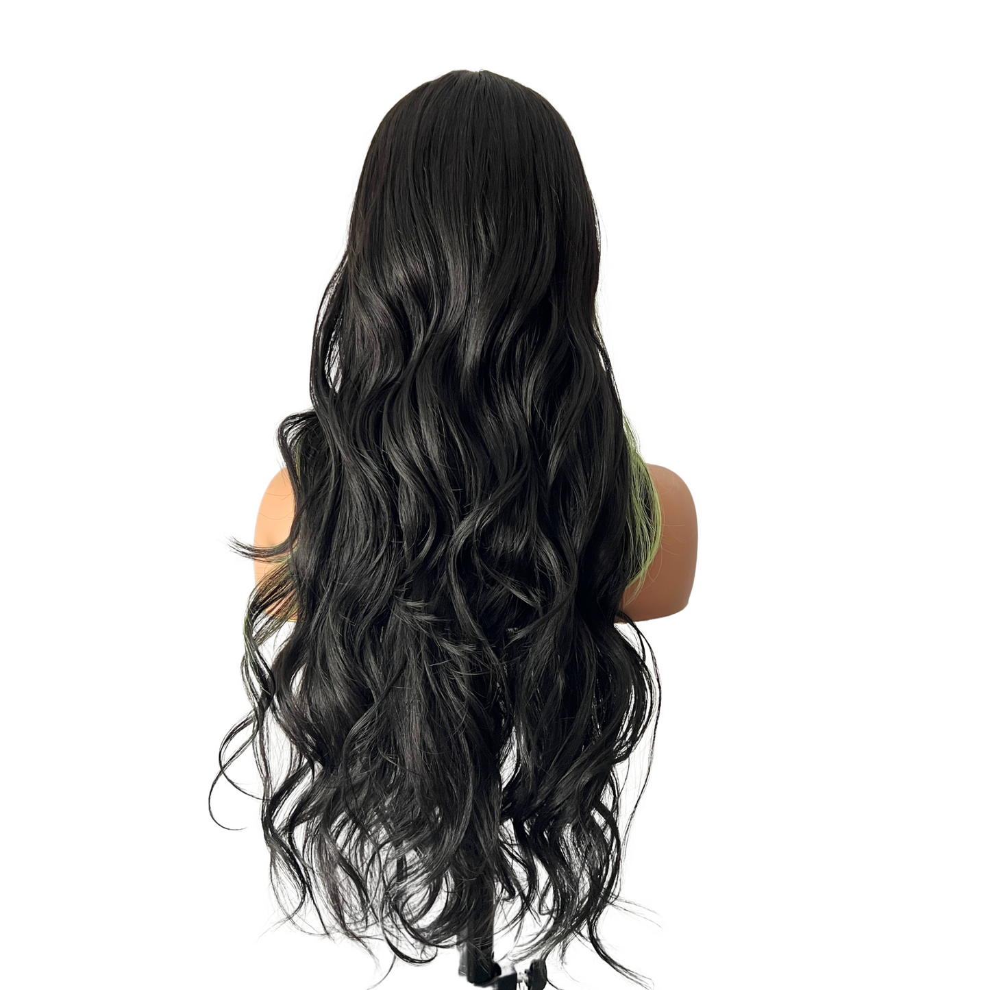 Amelia Lacefront Wig - 29" 1B with Lime Green Highlights | Heat Safe Synthetic Wig