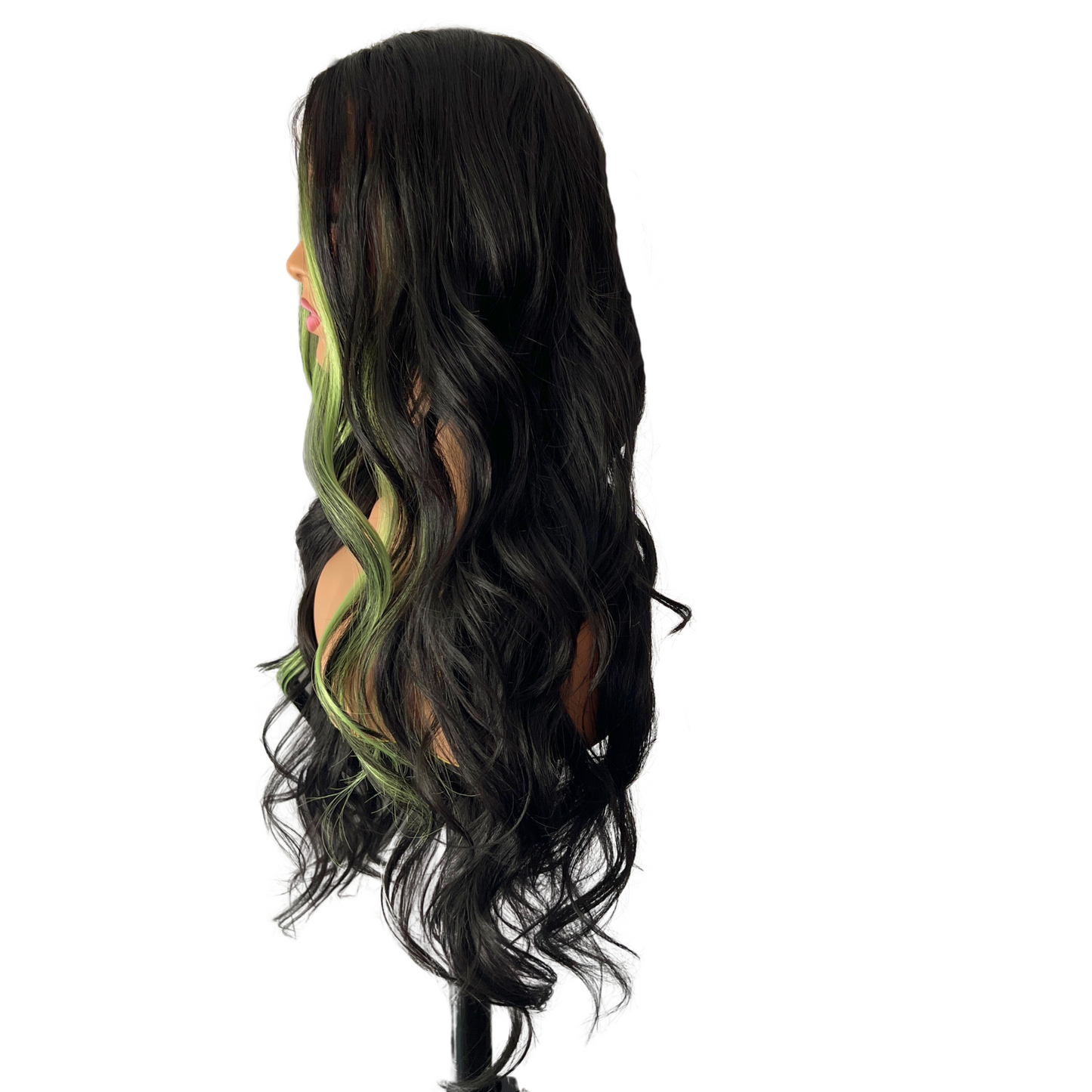 Amelia Lacefront Wig - 29" 1B with Lime Green Highlights | Heat Safe Synthetic Wig