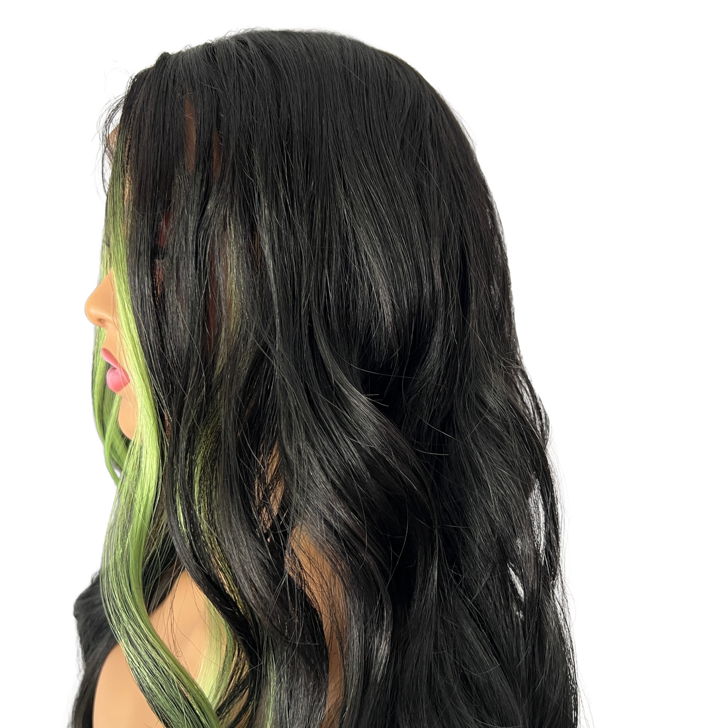 Amelia Lacefront Wig - 29" 1B with Lime Green Highlights | Heat Safe Synthetic Wig