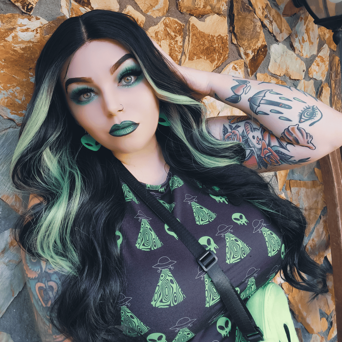 Amelia Lacefront Wig - 29" 1B with Lime Green Highlights | Heat Safe Synthetic Wig