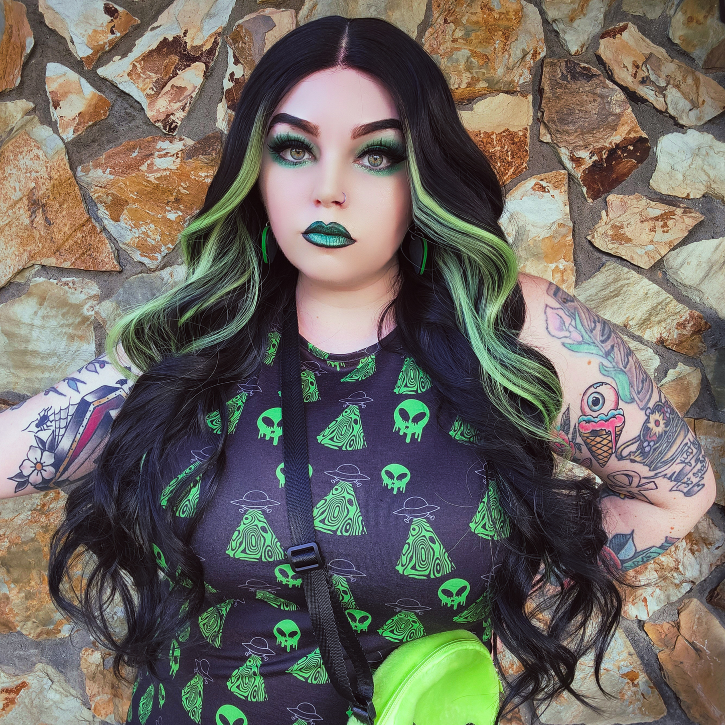 Amelia Lacefront Wig - 29" 1B with Lime Green Highlights | Heat Safe Synthetic Wig