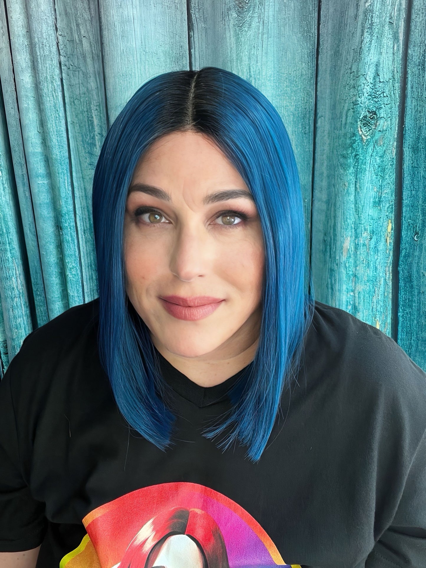 Capri - Dark root blue sleek bob synthetic lace front wig