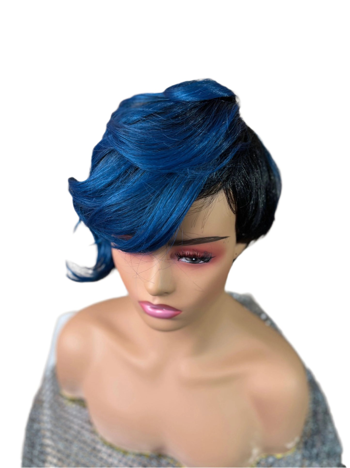 Tasha - 1B/Blue Mix - Curly top pixie synthetic short wig