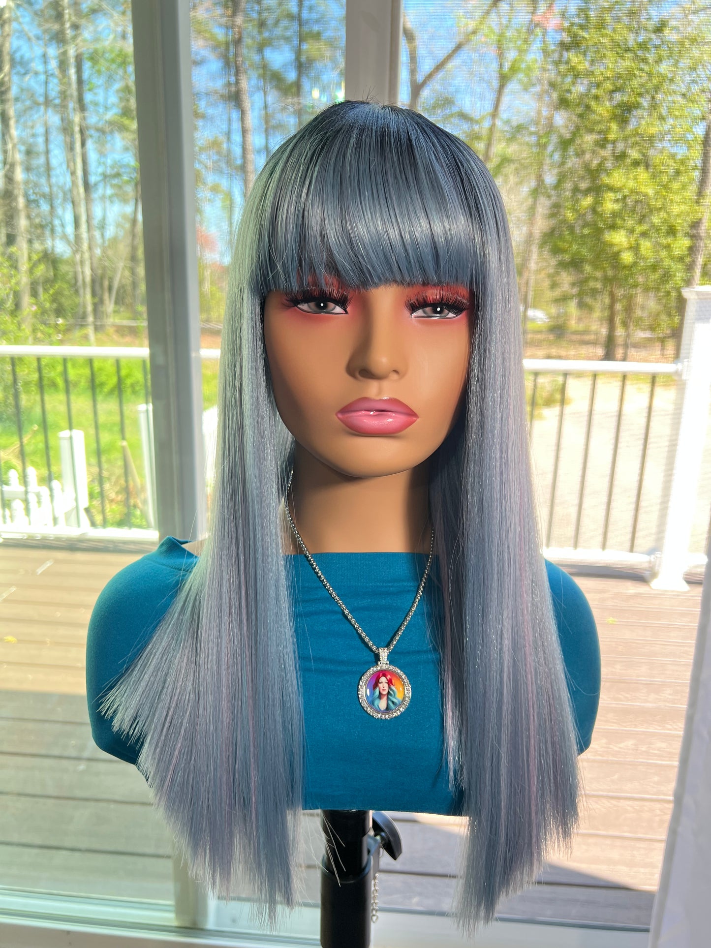 Abby Wig - 20" Straight Dark Root with Light Blue and Pink Highlights | Heat Safe Synthetic Wig