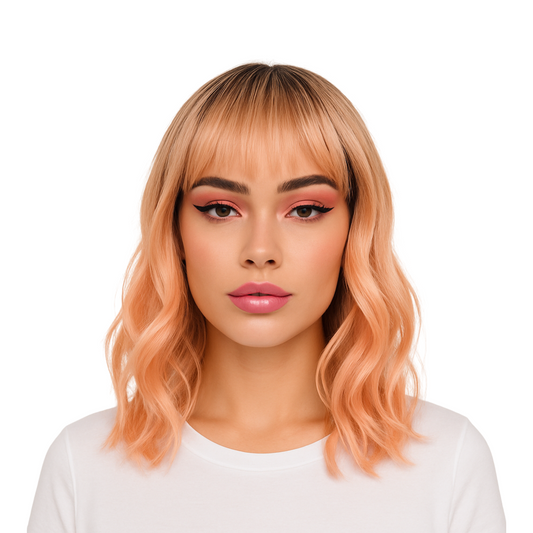 ALLISON - Dark Root Peach Wig with Bangs - 20" Heat Safe Synthetic Wig | Natural Look