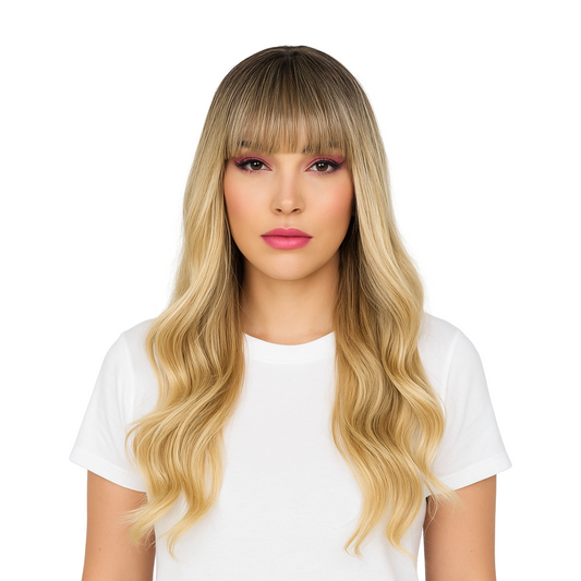 Amber Wig with Bangs - 22" Ash Brown to Golden Blonde Ombre | Heat Safe Synthetic Wig