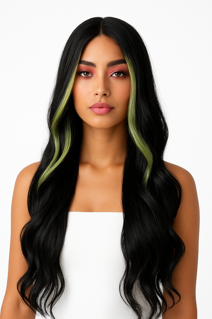 Amelia Lacefront Wig - 29" 1B with Lime Green Highlights | Heat Safe Synthetic Wig