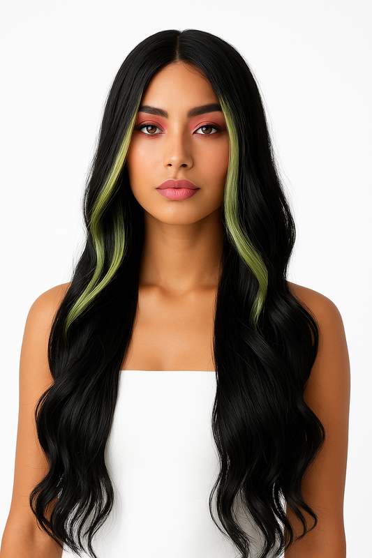 Amelia Lacefront Wig - 29" 1B with Lime Green Highlights | Heat Safe Synthetic Wig