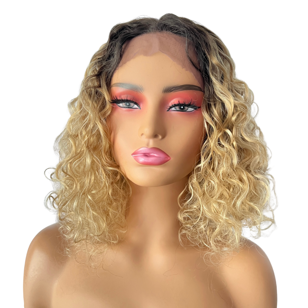 Amy - Two tone brown and blonde curly synthetic lace front wig