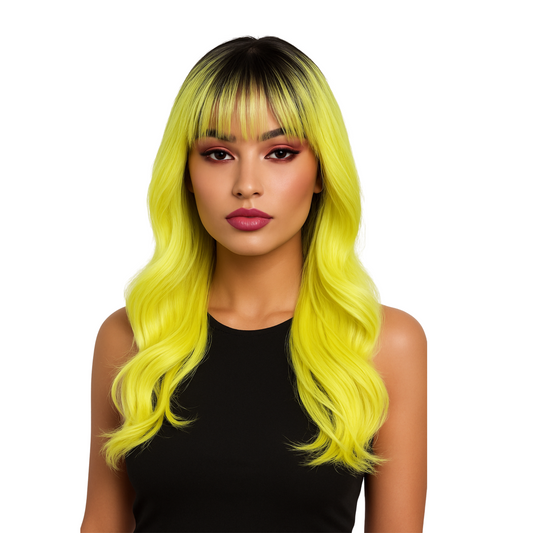 Beshe Heather 18" synthetic full wig - OT Lemonade yellow wig with bangs