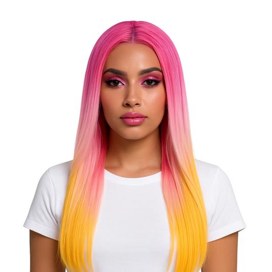 Pink and Yellow Ombre Lace Front Wig – Long Straight Synthetic Hair