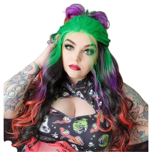 Delphine - 26" Green, purple, and red synthetic lace frontal wig