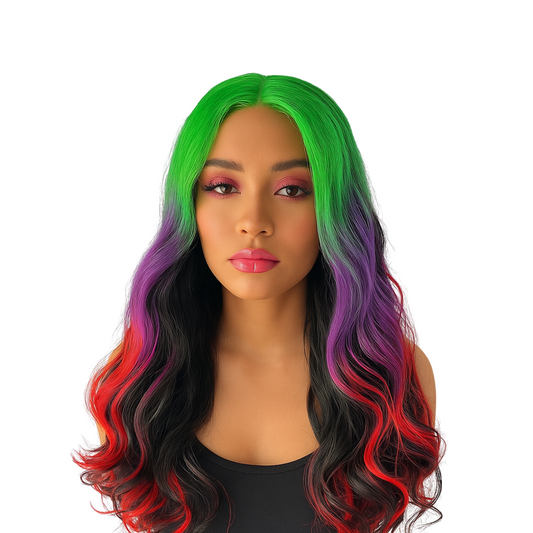Delphine - 26" Green, purple, and red synthetic lace frontal wig