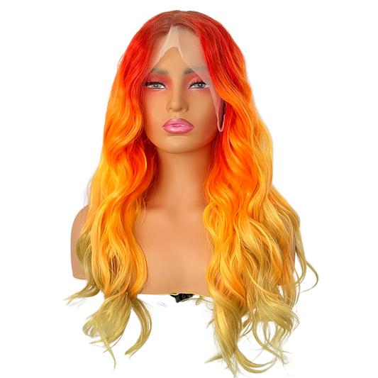 Ombre Orange Wig Wavy Synthetic Lace Front Wig Heat Resistant Red Yellow