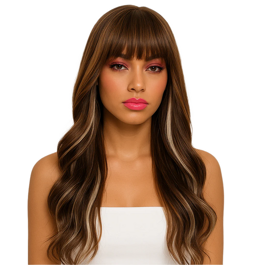 Woman with long wavy hair and pink lipstick against a white background
