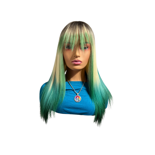 Custom colored synthetic wig - Green Light - Blonde Green wig with bangs