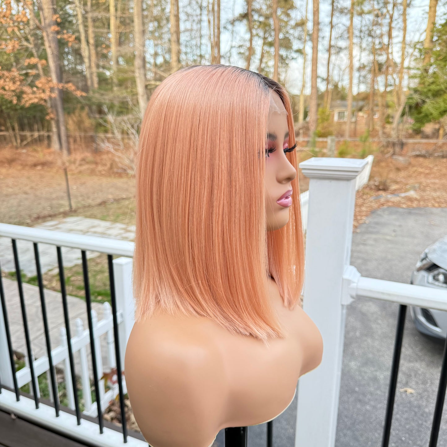 Peachy - Light peach sleek bob synthetic lace front wig