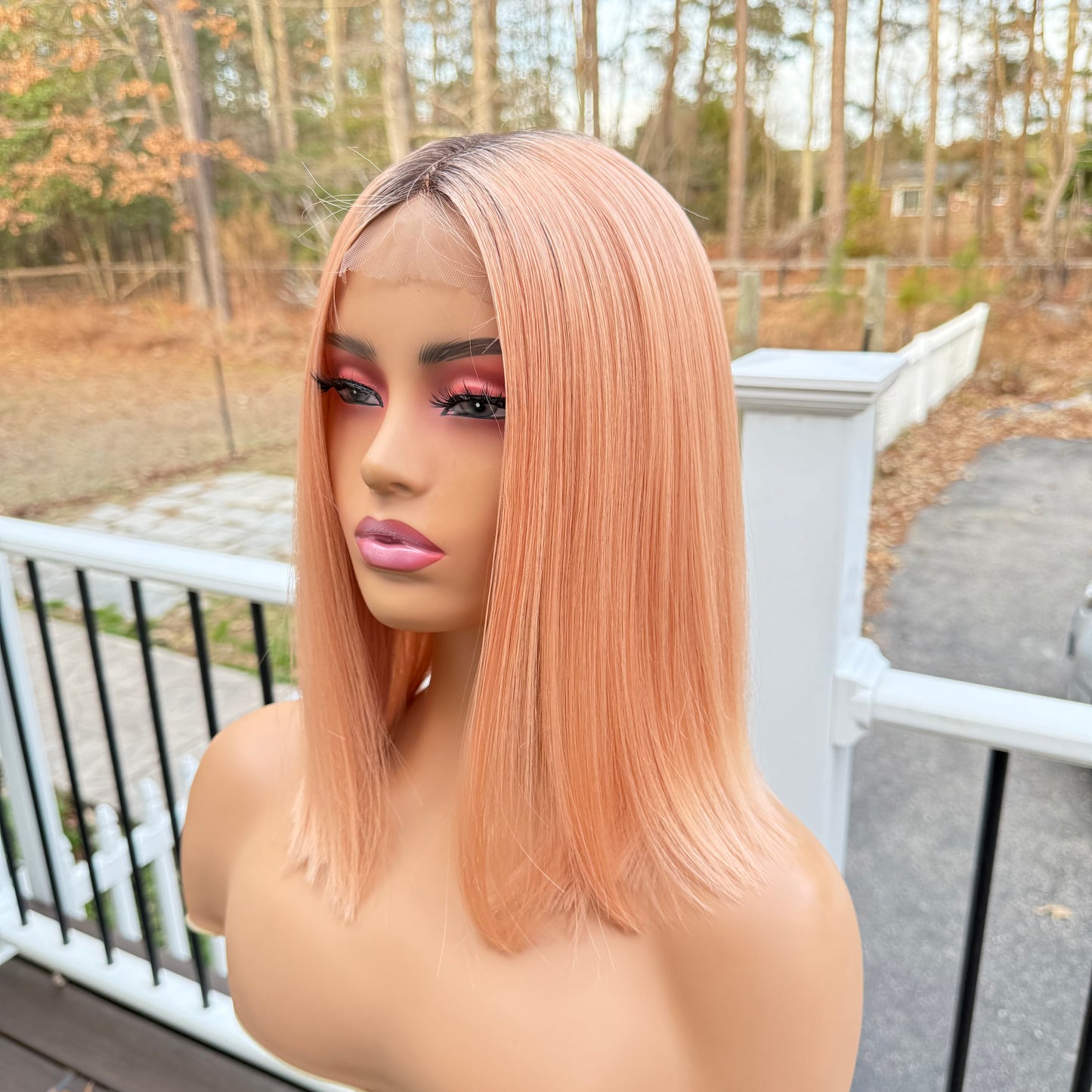 Peachy - Light peach sleek bob synthetic lace front wig