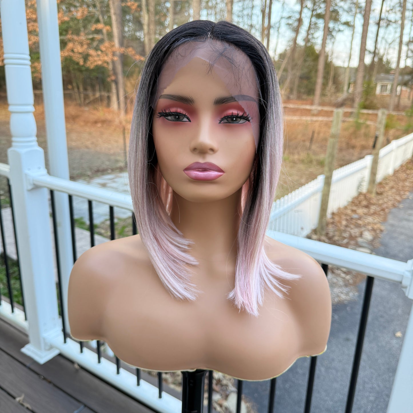 Zaria - Dark root pink sleek bob synthetic lace front wig