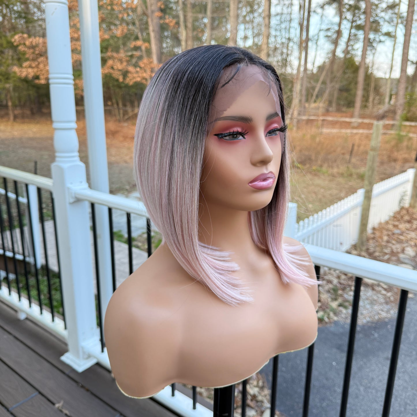 Zaria - Dark root pink sleek bob synthetic lace front wig