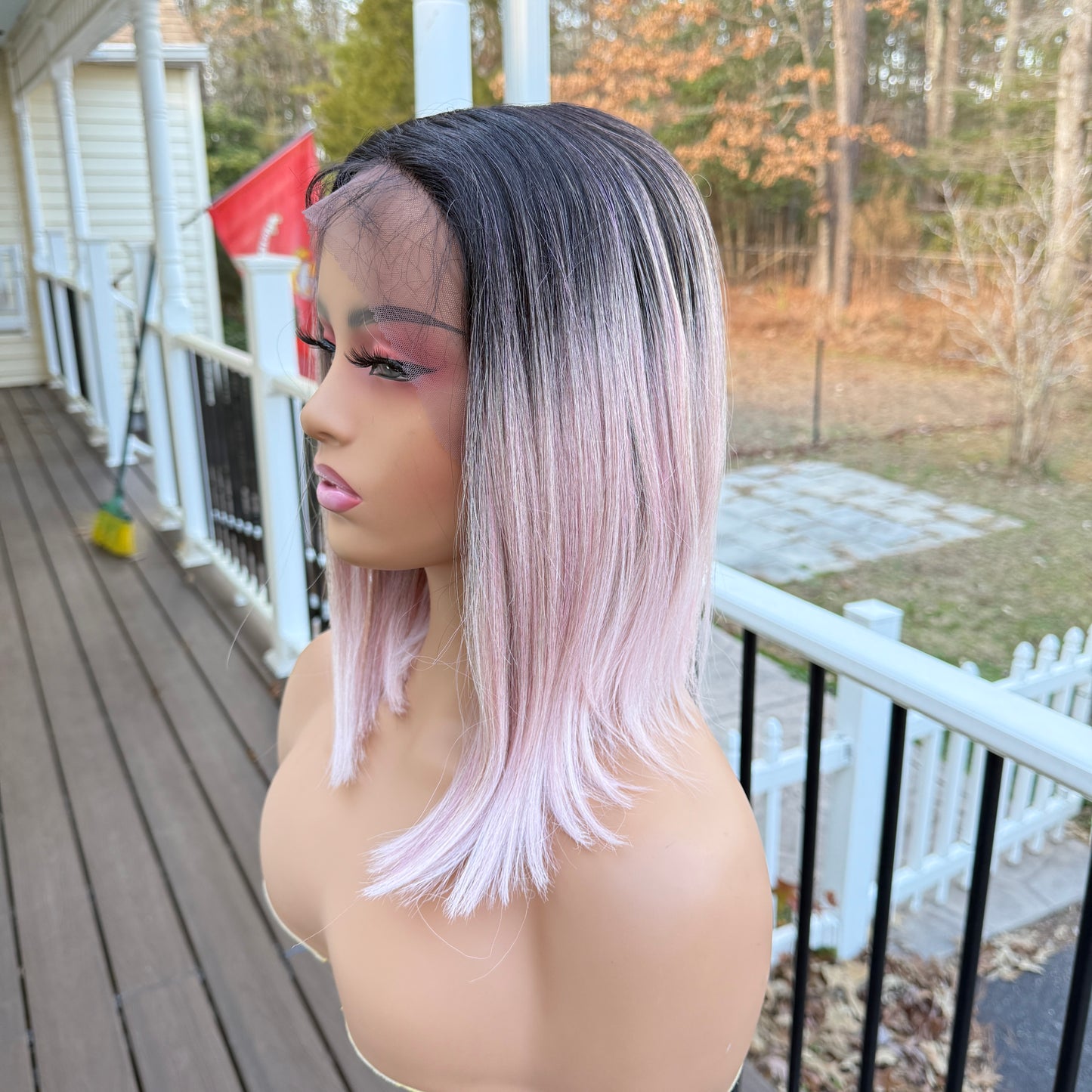 Zaria - Dark root pink sleek bob synthetic lace front wig