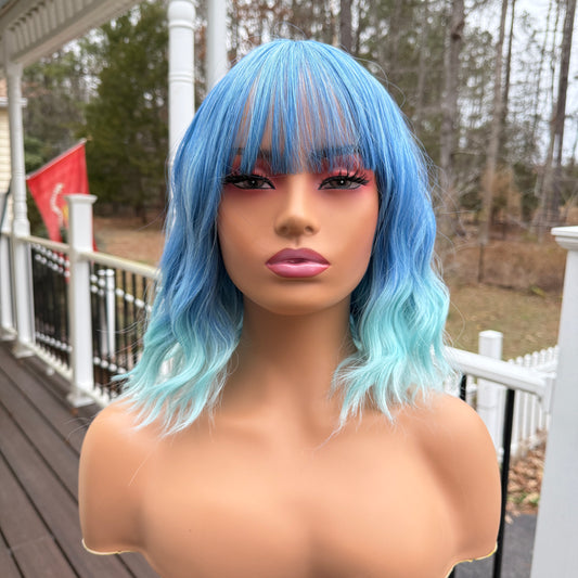 Ice Queen ombre blue short wavy wig synthetic blue wig