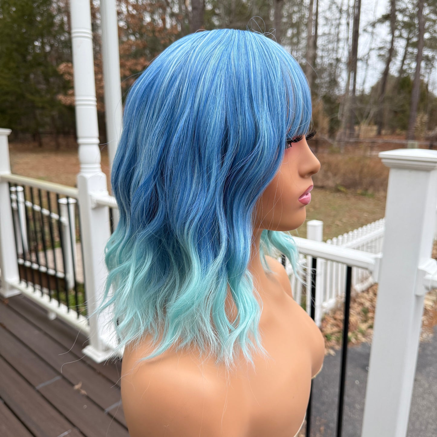 Ice Queen ombre blue short wavy wig synthetic blue wig