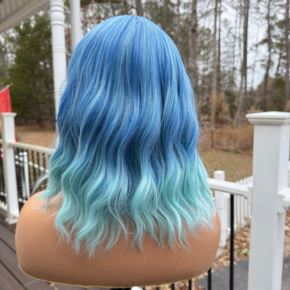 Ice Queen ombre blue short wavy wig synthetic blue wig