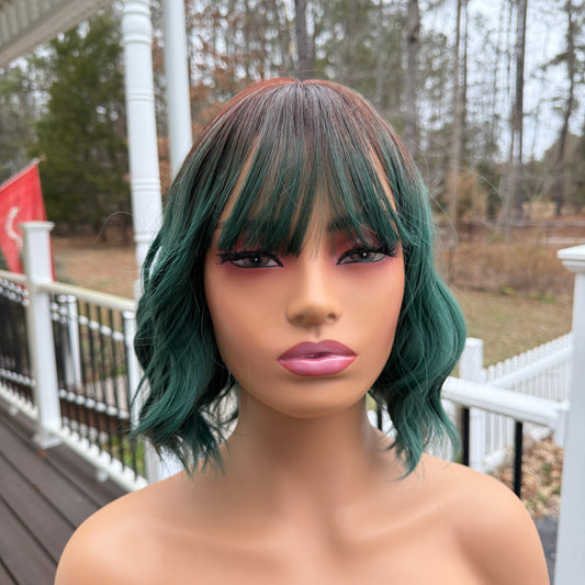 Earthy Glow green and brown short wavy wig synthetic green wig