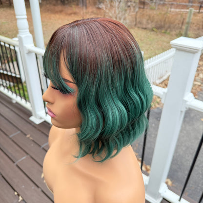 Earthy Glow green and brown short wavy wig synthetic green wig