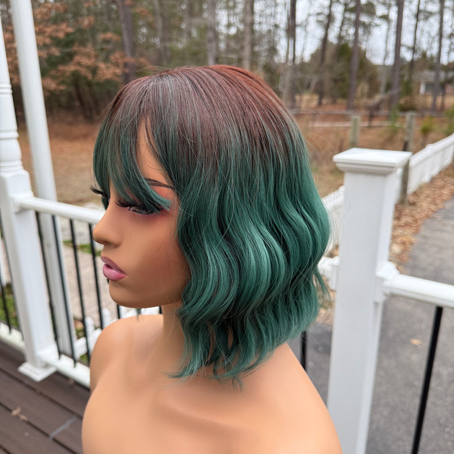 Earthy Glow green and brown short wavy wig synthetic green wig