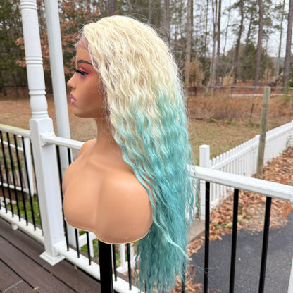 Human Hair Mix Melanin Queen Lace Front Wig Cosmo Girl - Green mint