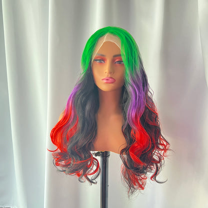 Delphine - 26" Green, purple, and red synthetic lace frontal wig