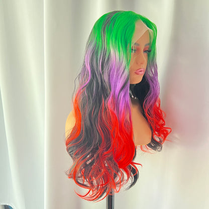 Delphine - 26" Green, purple, and red synthetic lace frontal wig